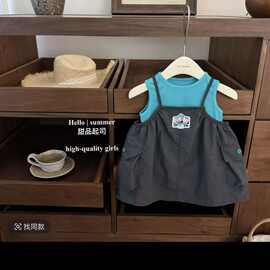 【甜品起司多巴胺!原创夏季女童蓝色背心工装背带裙洋气时髦套装