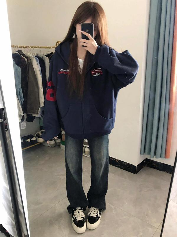美式复古刺绣连帽开衫卫衣2025男女高街宽松休闲运动帽衫秋冬外套|undefined