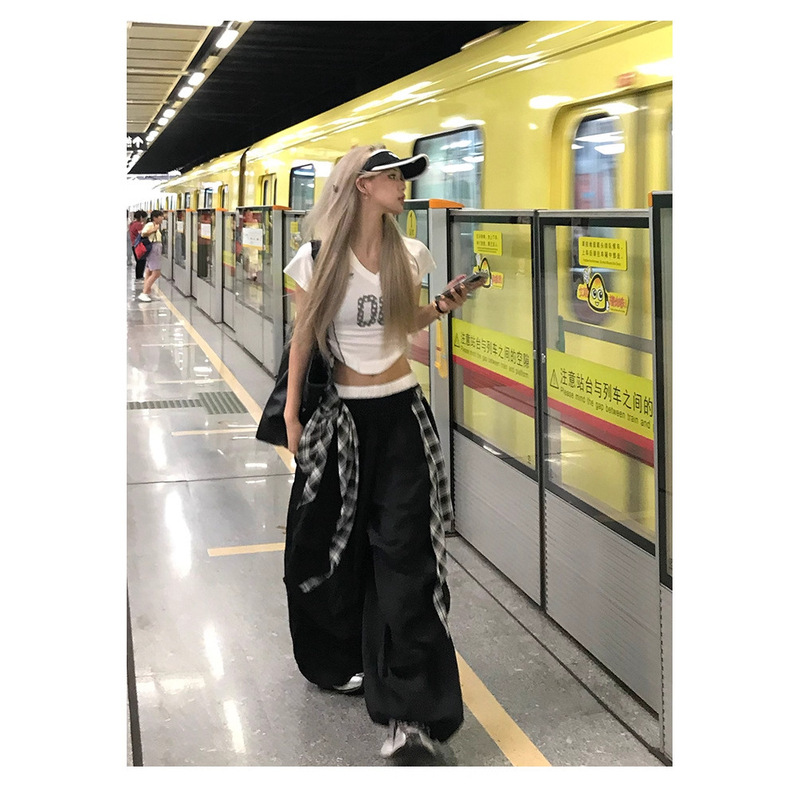 アメリカンヒップホップストリートダンスレイヤード取り外し可能なワイドレッグパンツ女性の夏ルーズドレープシミターカジュアルパンツジャズダンスパンツ|undefined