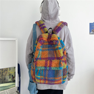 Japanese style 2023 Korean style autumn and winter retro lambswool red plaid backpack schoolbag travel college men and women