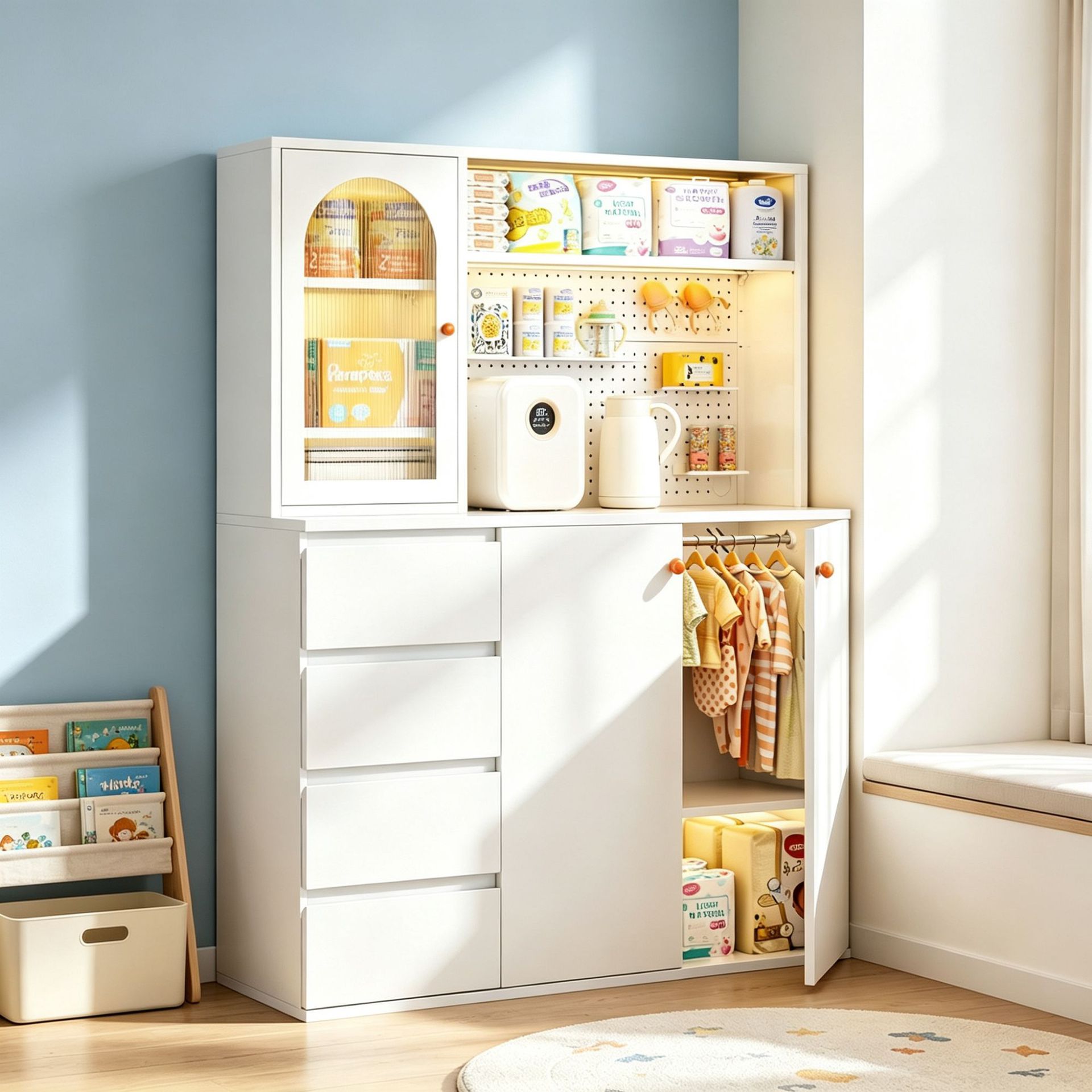 Multifunctional feeding station with storage cabinet, baby and maternity product organizer, bedroom children's wardrobe, toy storage cabinet