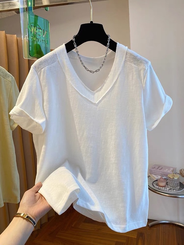 大きいサイズ 120kg リバースウェアデザインニッチイエロー V ネック Tシャツレディース半袖ルーズインナーレイヤリングシャツトップ夏|undefined