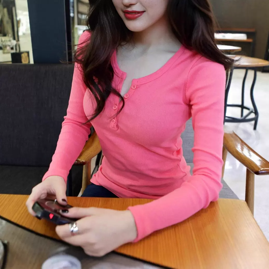 新款内搭洋气修身上衣女春秋长袖t恤打底衫修身纽扣纯色体恤小衫