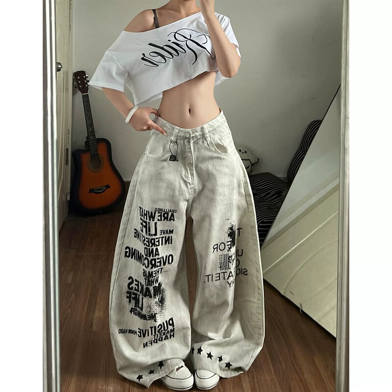 American retro hot girl style niche letter print jeans for women and men, new summer loose wide-leg pants American retro hot girl style niche letter print jeans for women and men, new summer loose wide-leg pants