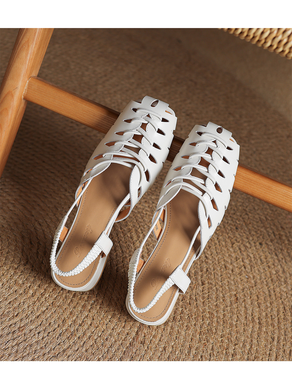 Dép sandal nữ da cừu bện mũi kiểu Pháp, gót thấp, quai chữ V đa năng — đen chi tiết 18