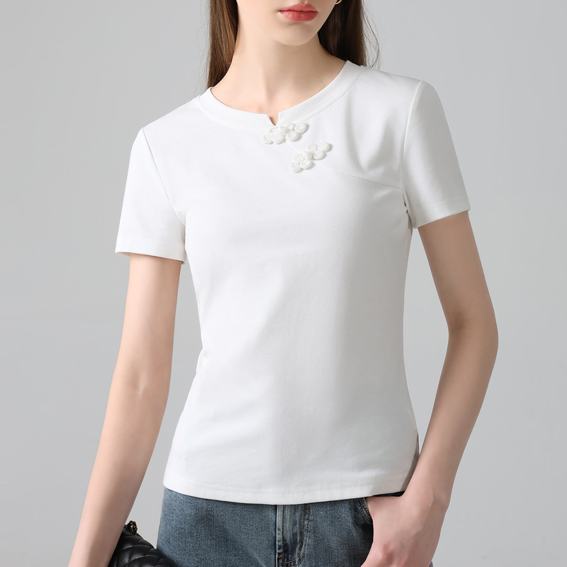 Nueva camiseta china de manga corta para mujer 2025 nueva camiseta de cuello redondo de color sólido para mujer image 1