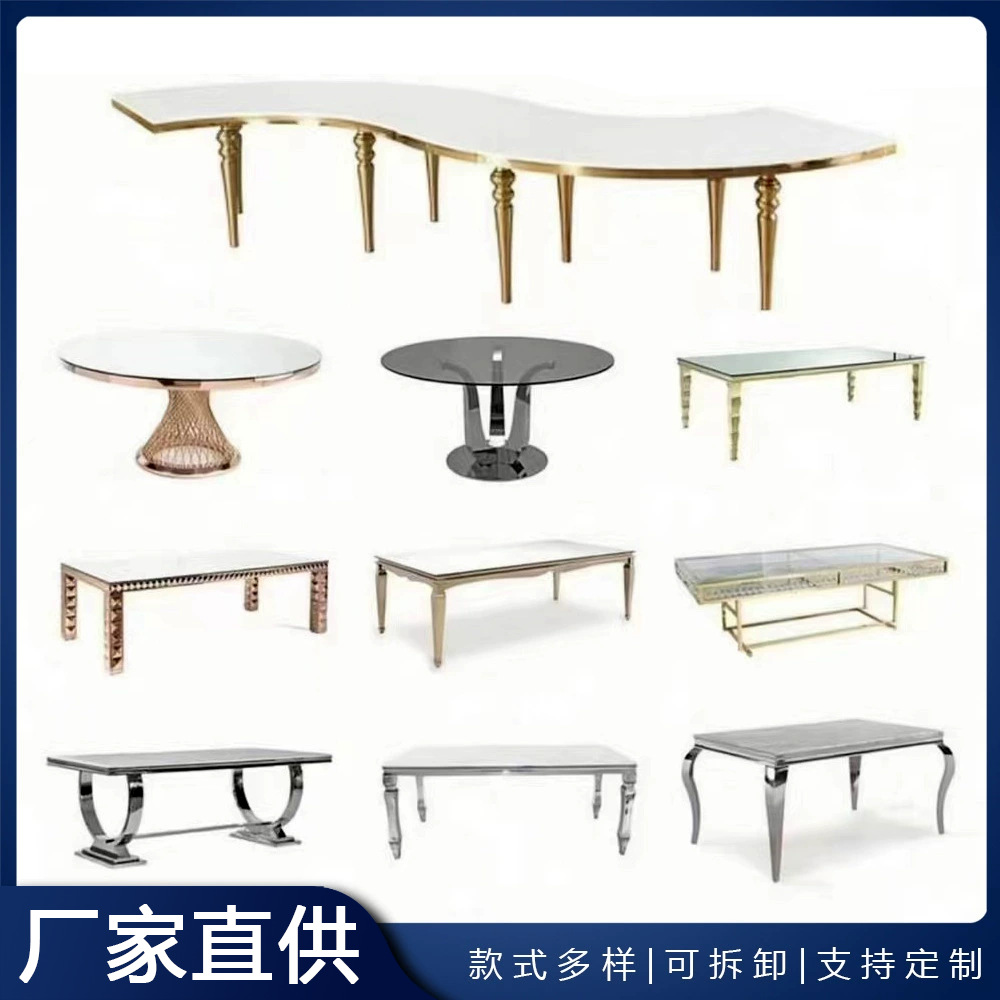 Mesa de boda para exteriores con tablero ovalado de vidrio dorado y acero inoxidable, mesa de comedor combinada para alquiler de banquetes integrada