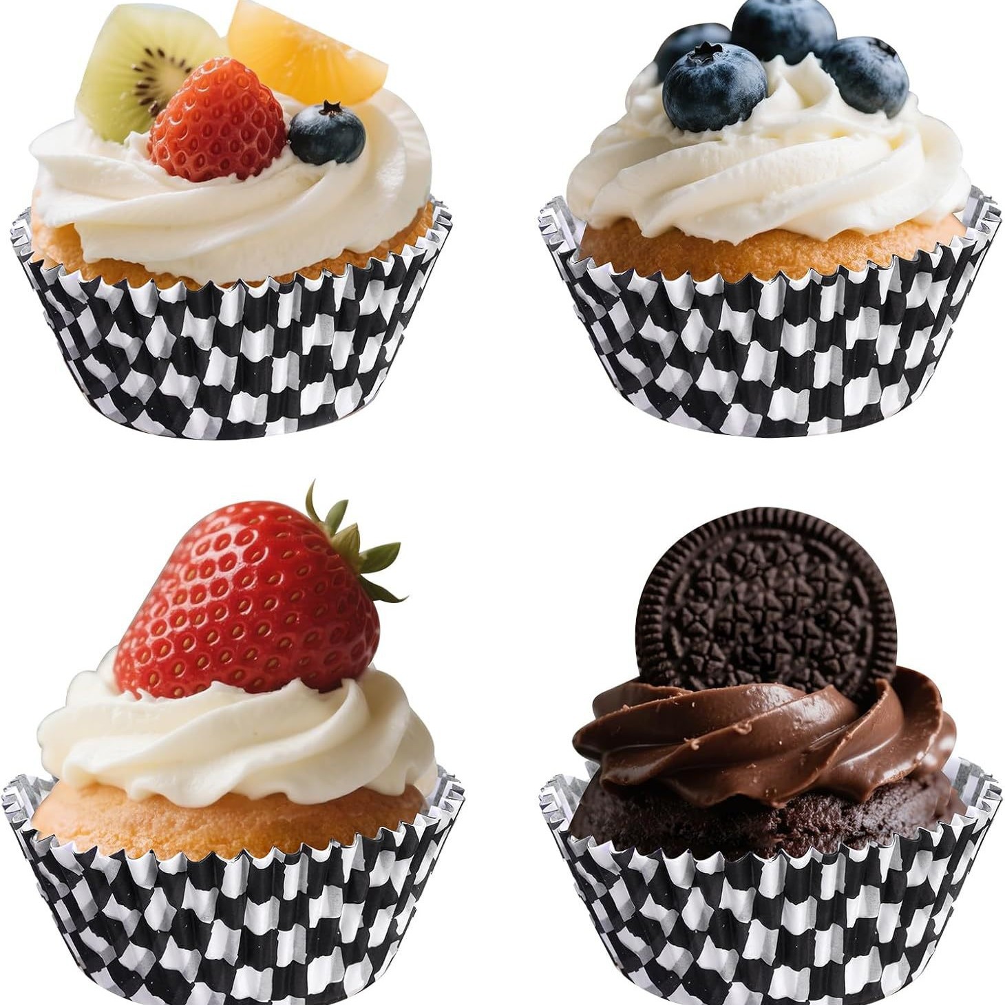 Barril de PVC rejilla blanco y negro para hornear pastel de muffin taza de papel titular de papel de chocolate a prueba de aceite empaquetado individualmente alrededor de 100