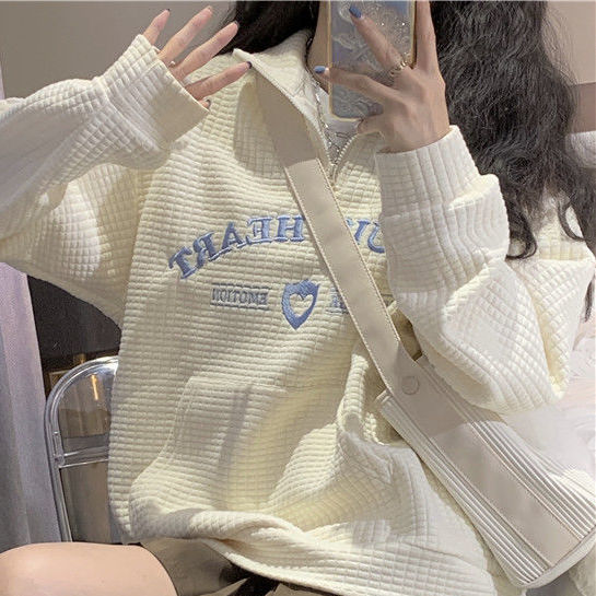 Polo americano waffle suéter mujeres primavera y otoño diseño sentido nicho estilo coreano flojo perezoso bordado superior
