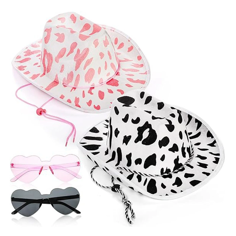 Розовая ковбойская шляпа с молочным принтом, комплект очков, розовая ковбойская шляпа с принтом для девочек на Хэллоуин, розовая корова
