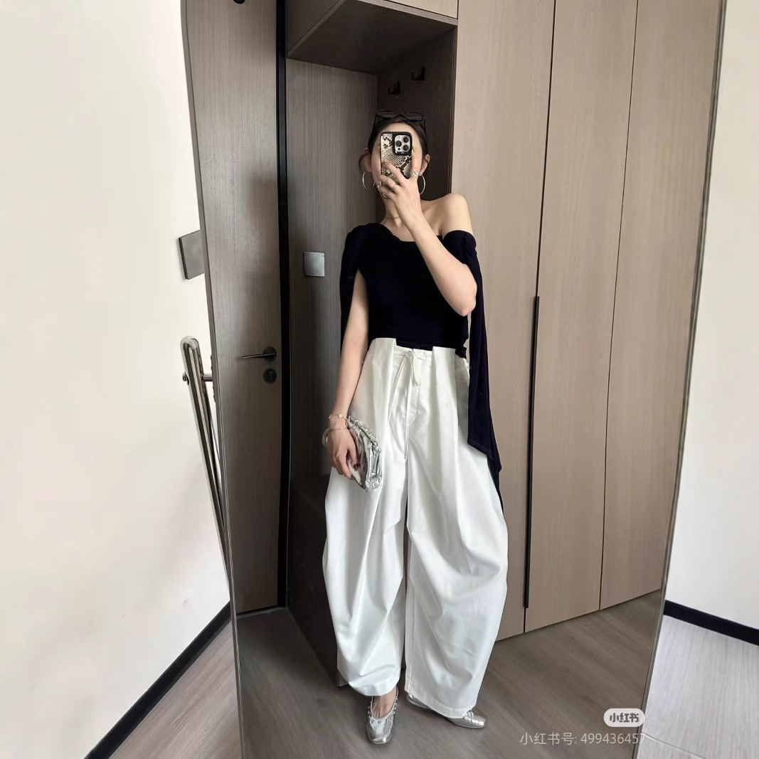 25Ss Wide-Leg Parachute Pants, Wrinkle-Resistant, Drapey, Loose Design, Casual Pants, High-Waisted Suit Pants, Long Pants for Women
