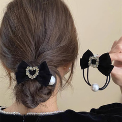 復古絲絨蝴蝶結珍珠發繩女方形鋯石皮筋扎發發圈優雅黑色馬尾髮飾