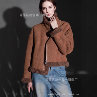 Retro Suede Stand Collar Webbing Design Short Stuffed Jacket Retro American Lapel Lamb Wool Jacket Autumn and Winter