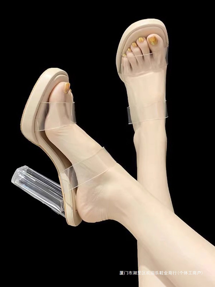 小个子不累脚粗跟高跟鞋女凉鞋2025夏季新款鞋透明水晶凉拖鞋外穿
