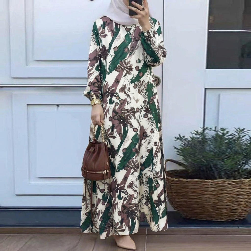 In Stock Cross-Border New Printed Middle Eastern Muslim Malay Full Sleeve Round Neck Robe Long Dress Factory Wholesale_ecoleips.com