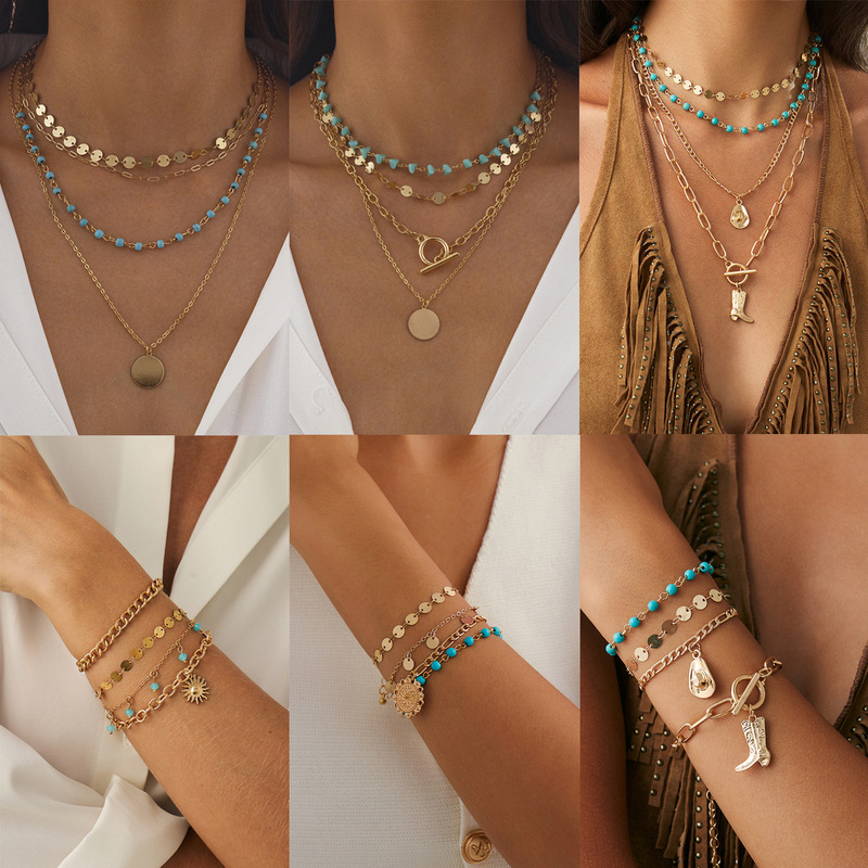 Europe and the United States cross-border jewelry ins style sequin alloy OT buckle necklace punk multi-layer crystal flower sequin clavicle chain