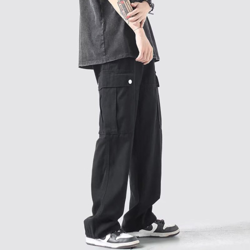 Japanese simple overalls for men, 2022 autumn multi-pocket trendy casual pants, neutral style loose straight trousers