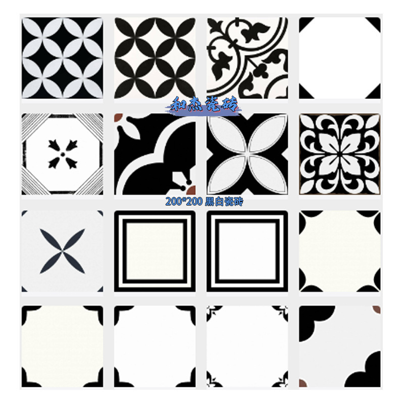 Wholesale of 200X200 Black and White Floral Tiles, French Retro Matte Full Ceramic Non-Slip Floor Tiles for Kitchen, Bathroom, and Balcony