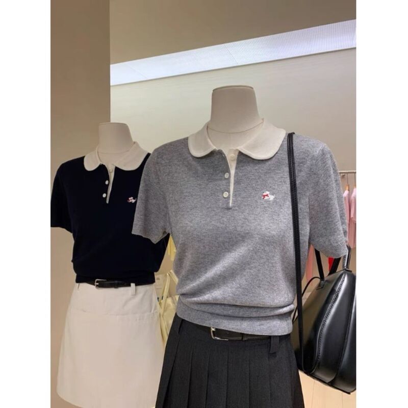 Casual Style Contrasting Color Slimming Look Polo Collar Short-Sleeved Knitwear for Women Popular Summer Thin Puppy Embroidered T-Shirt Loose Casual Style Contrasting Color Slimming Look Polo Collar Short-Sleeved Knitwear for Women Popular Summer Thin Puppy Embroidered T-Shirt Loose