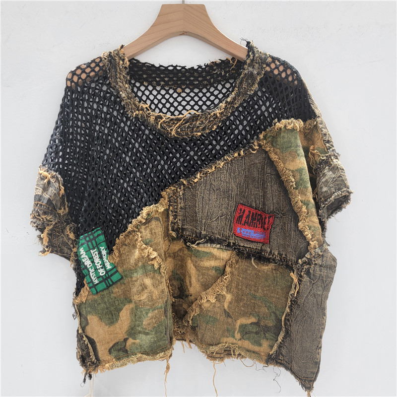 Moda fresca personalidad moda mujer 2025 verano nuevo estilo malla costura camiseta de manga corta suelta talla grande image 1