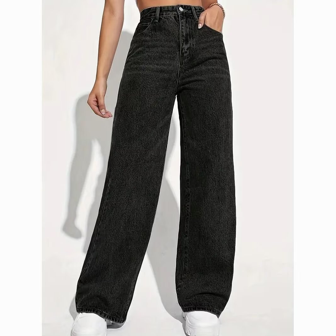 High-Waisted Straight Leg Jeans Women's Loose Fit Wide Leg Pants Solid Color European American Style Petite Size Autumn Winter_ecoleips.com
