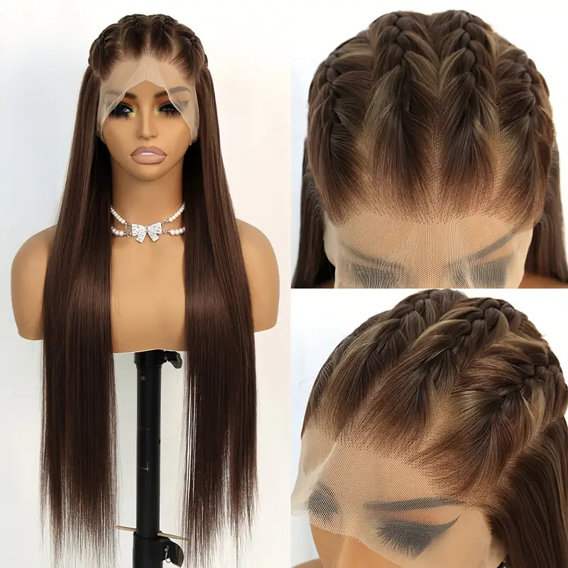 Ventas transfronterizas calientes frente al encaje pelucas de cabello largo recto de fibra química cubierta de cabello natural pelucas flojas fábrica al por mayor en stock