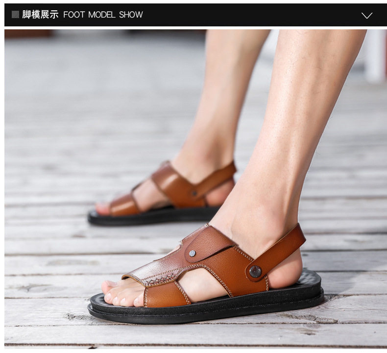 Dép sandal nam quai ngang hở ngón chất liệu da PU chống trơn, size lớn đi ngoài trời — Kaki, Màu xám, Đen toàn bộ, Đỏ rượu chi tiết 12