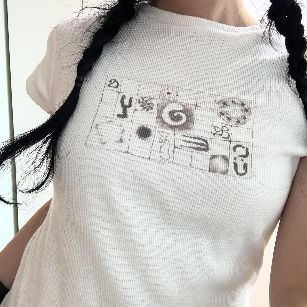 現在/coys * ioワッフル生地の方眼プリント半袖tシャツのボディスーツの夏