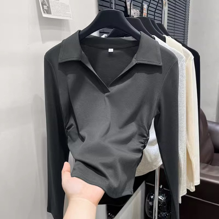 2025早秋正肩polo领长袖t恤衫女设计感褶皱收腰显瘦百搭打底上衣|undefined