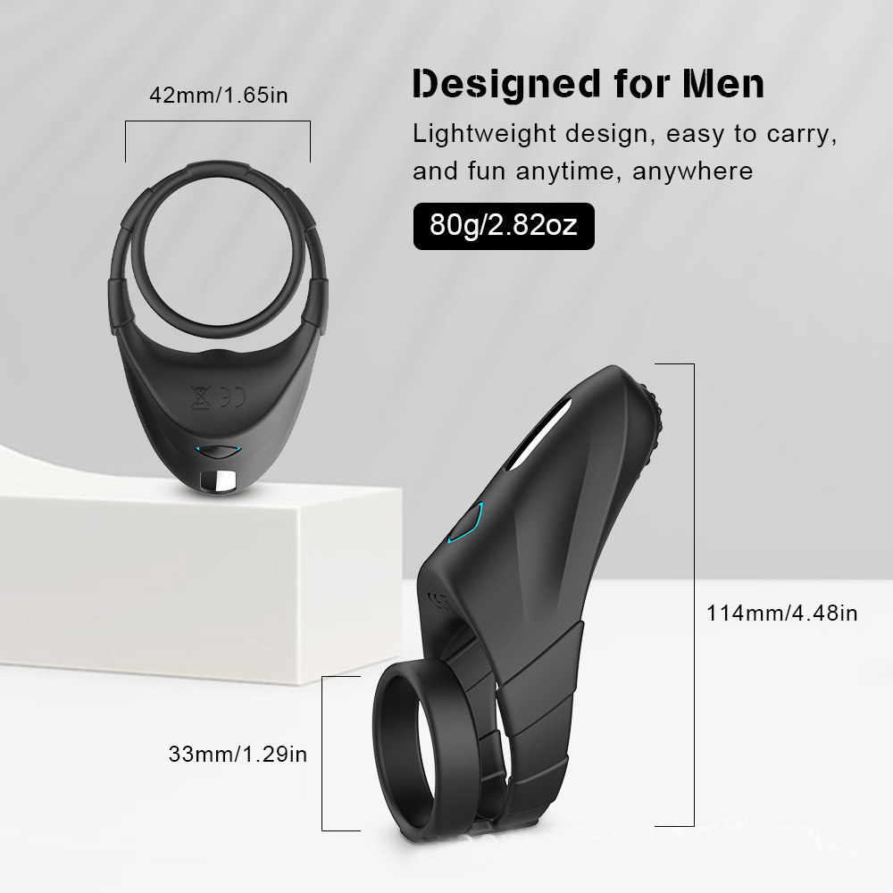 Black Feather Vibrating Dual Cock Ring, Multi-Frequency Electric Sensitivity Training Ring — detail image 4