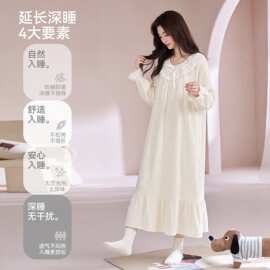春秋新款纯棉纱布女长袖套头睡裙甜美休闲女长裙家居服图片色圆领