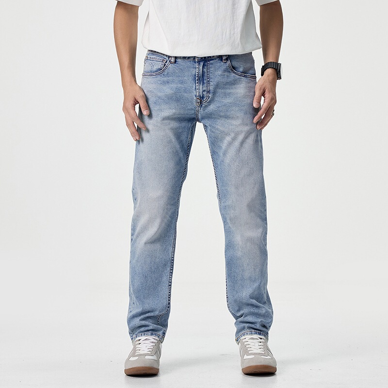 New Summer Thin High-End Light Blue Slim-Fit Jeans for Men, Straight-Leg Light-Colored Summer Pants