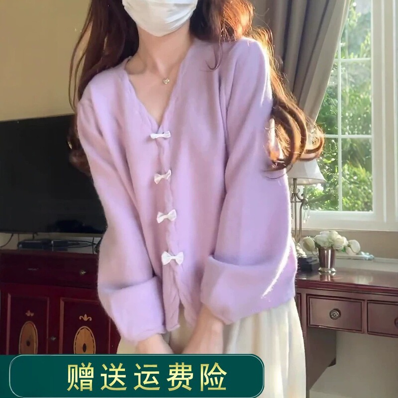 Autumn and winter purple knitted cardigan, loose-fitting spring thin sweater, new design with a delicate bow detail