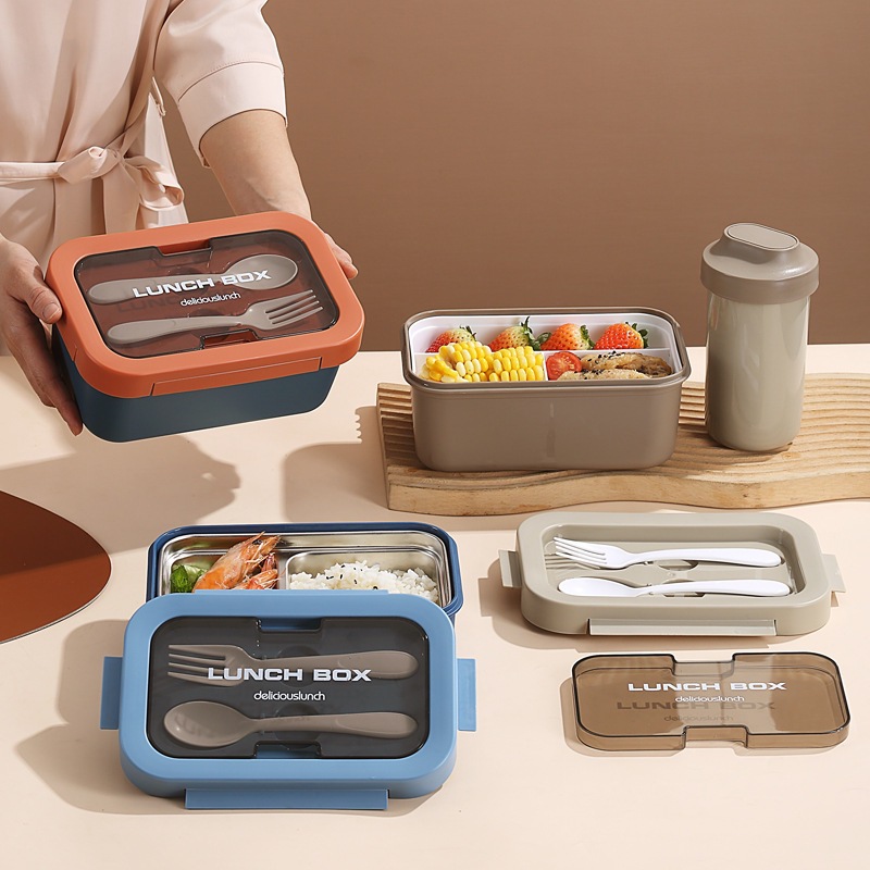 Inswind PP caja de comida ligera de doble capa con cubiertos 304 caja de almuerzo de acero inoxidable conveniente caja de frutas de picnic