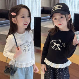 女童春秋新款打底2025宝宝长袖宽松T恤儿童洋气上衣蕾丝春装花边