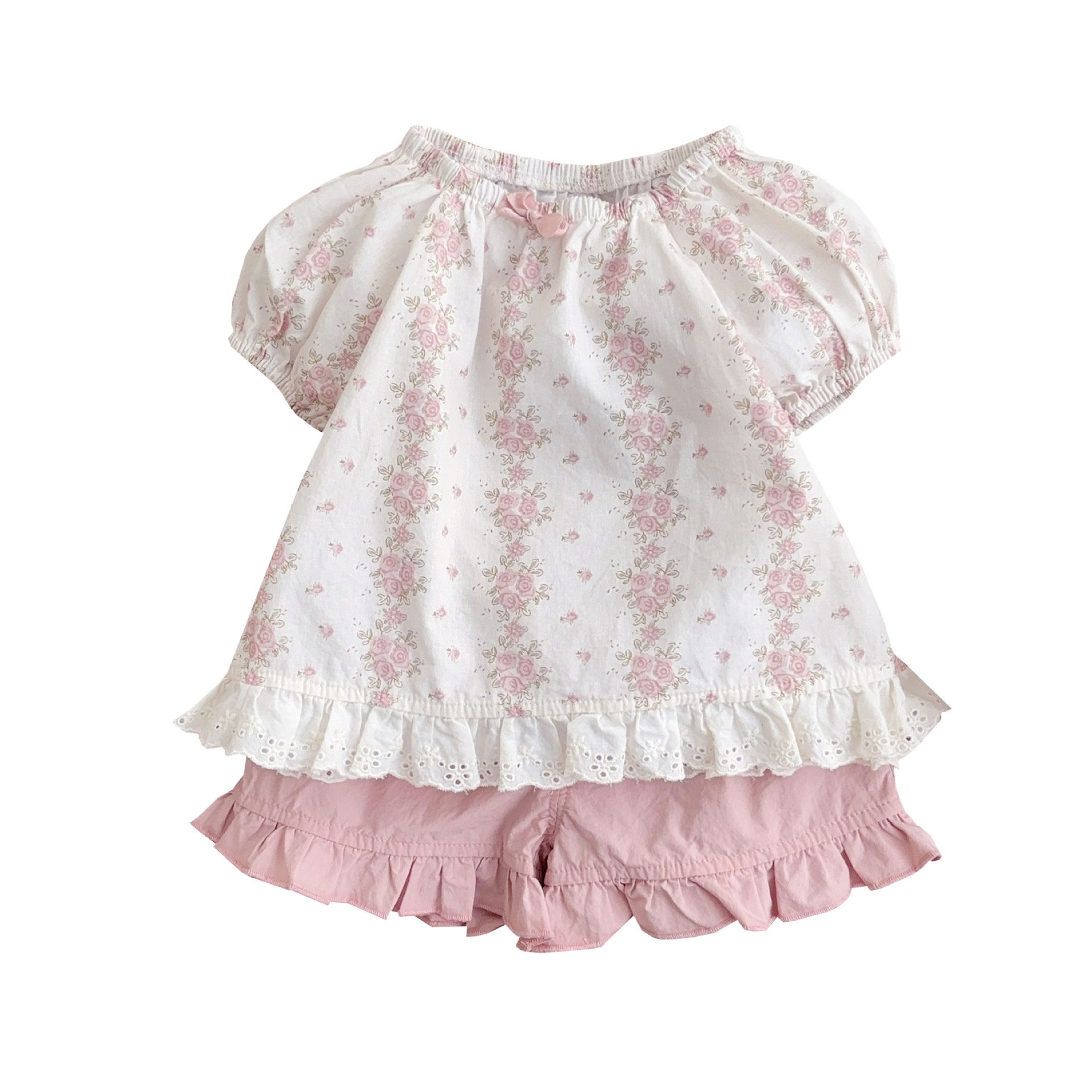 2025 verano nuevo estilo delgado dulce niña suéter floral de manga corta pantalones cortos traje femenino bebé estilo occidental traje de dos piezas