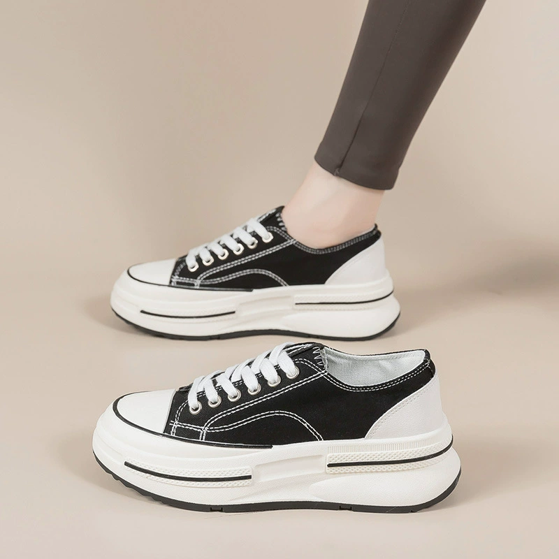 Нишевые парусиновые туфли на толстой подошве для женщин, новинка 2024, весенние, осенние и летние кроссовки, универсальные повседневные белые туфли интернет-знаменитостей