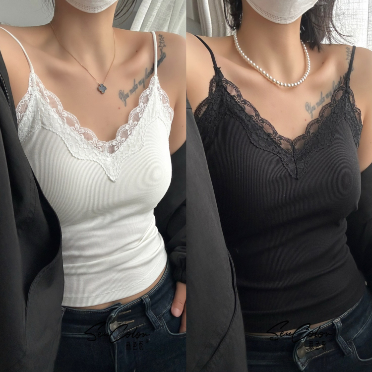 New Pure Cotton Lace Beautiful Back Camisole French Thread Fixed Cup Push-Up V Neck Feminine Top New Pure Cotton Lace Beautiful Back Camisole French Thread Fixed Cup Push-Up V Neck Feminine Top