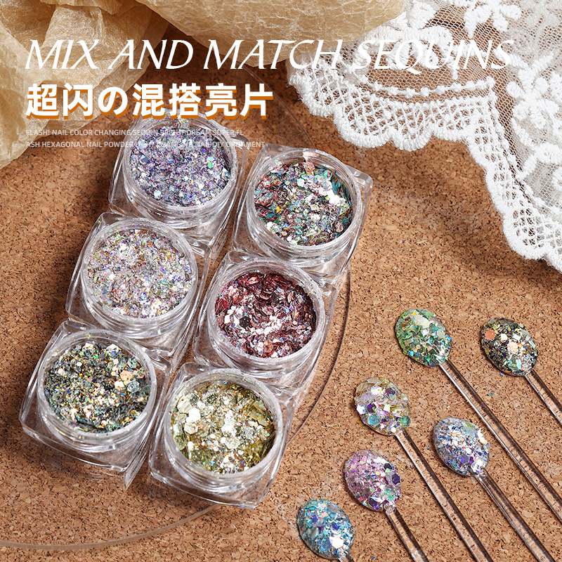 Flash estilo japonés seis lados Corea del Sur grandes lentejuelas brillo brillante nueva lámina de oro color mágico DIY fototerapia decoraciones de uñas