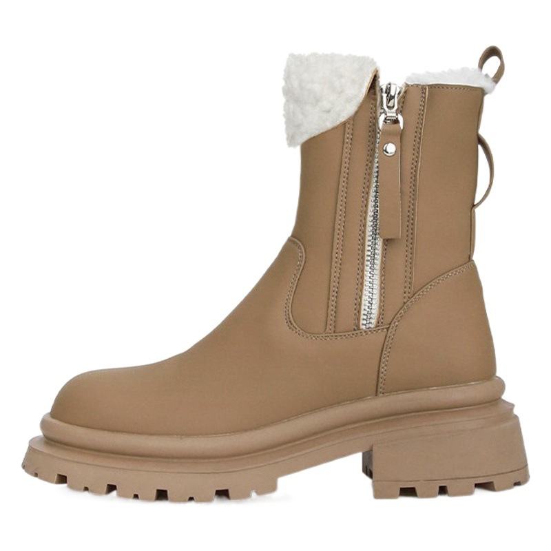 2024 invierno nuevo estilo fondo grueso cremallera lateral cordero lana botas de nieve terciopelo grueso tacón grueso botas Martin