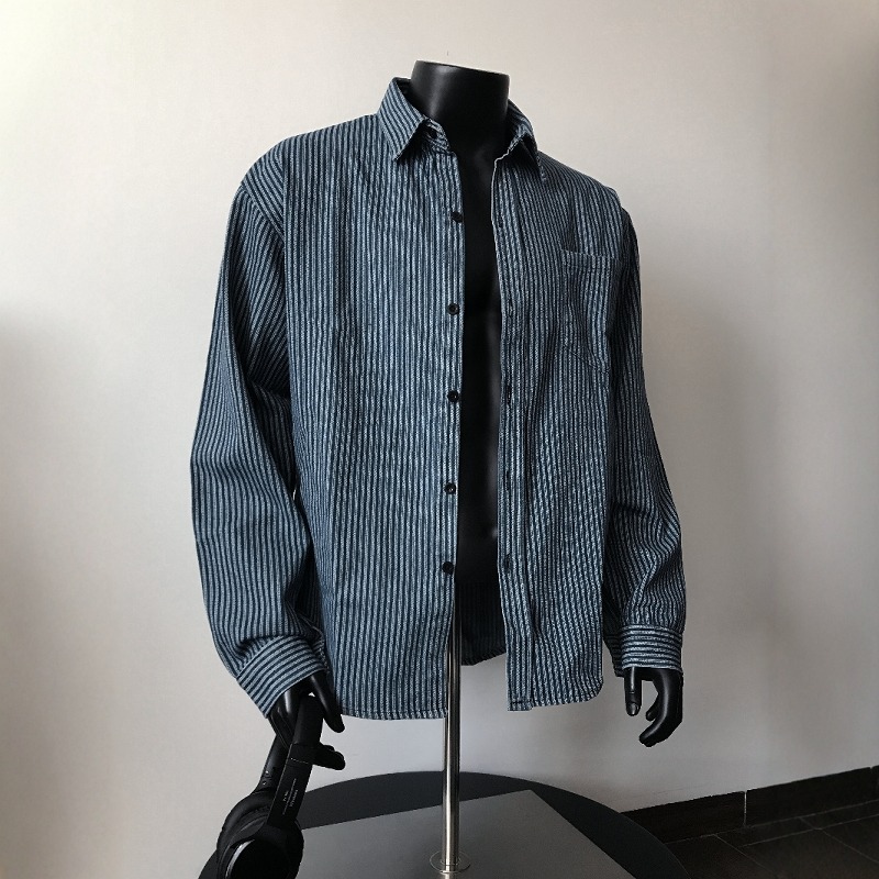 in stock American Style Retro Striped Shirt Men's Long-sleeved Japanese Style Loose plus size Shirt Men's Spring and Autumn Thin Jacket for Men