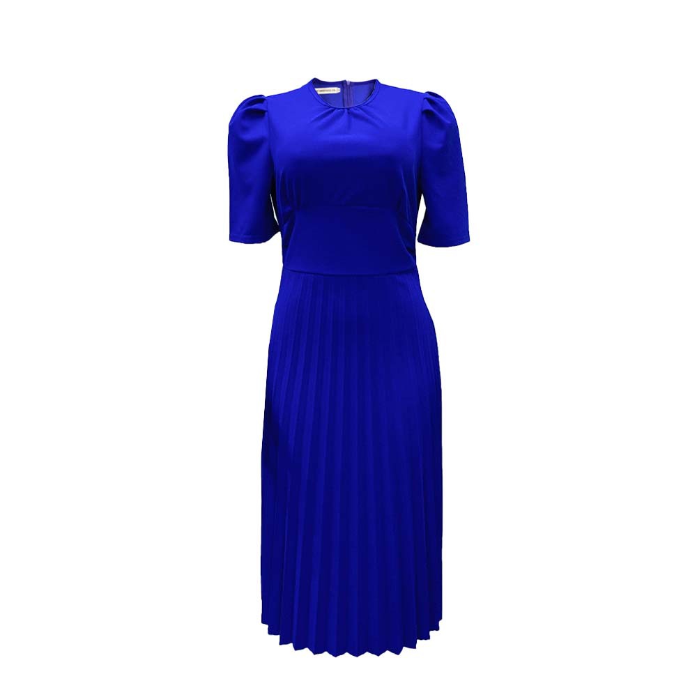 summer new short-sleeved pleated solid color foreign trade European and American large size cross-border dress_senzul.com