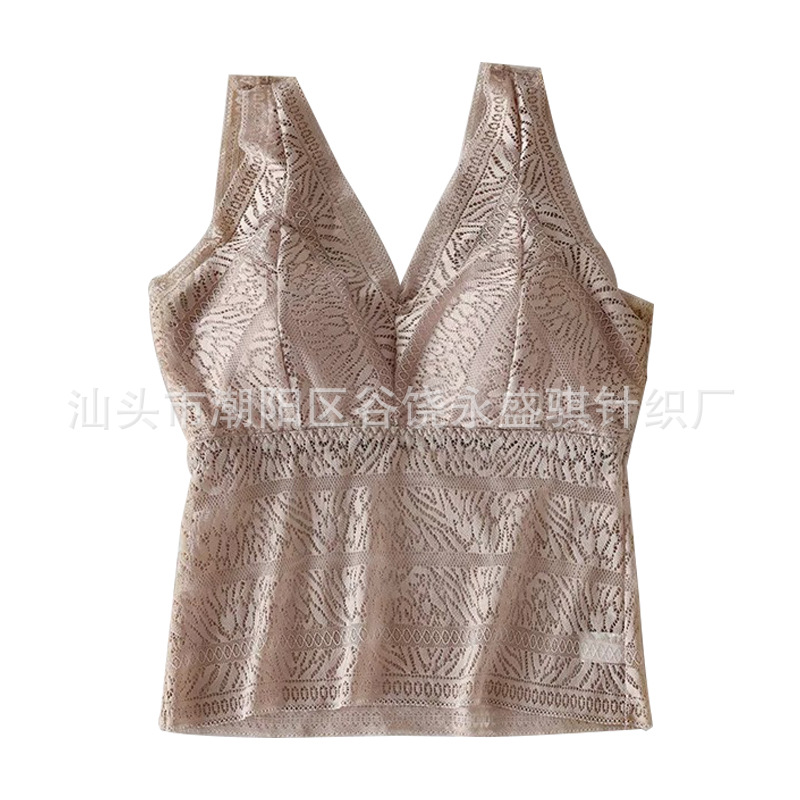 Yongsheng Qi primavera y verano nuevo encaje completo con cuello en V de longitud media belleza espalda envuelta en el pecho desgaste exterior bottoming todo fósforo Chaleco de encaje para las mujeres