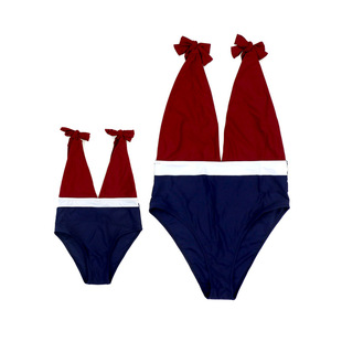 New European and American Cross-Border Fashion V Neck Family Swimsuit Color-Blocked One-Piece Bikini with Shoulder Bows Export Customization