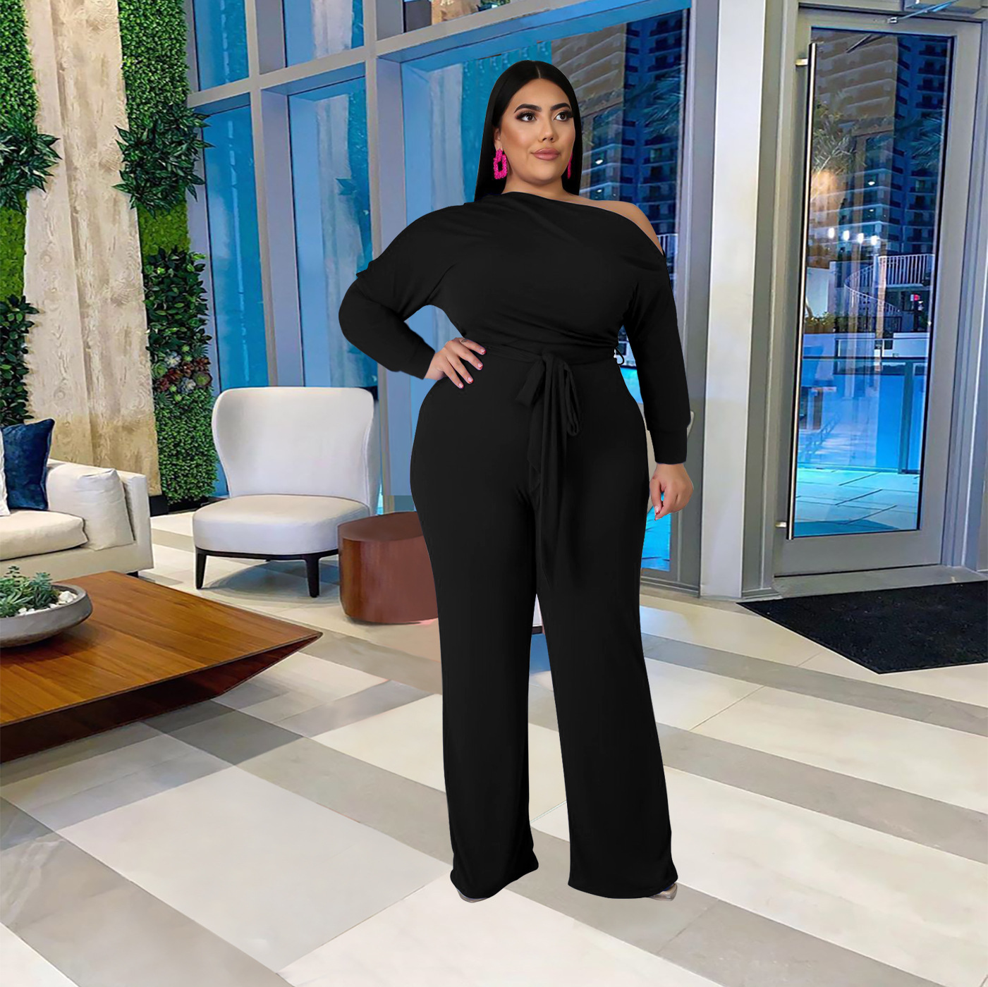 women s plus size solid color strappy shoulder T-shirt flared pants suit nihaostyles clothing wholesale NSBMF80099