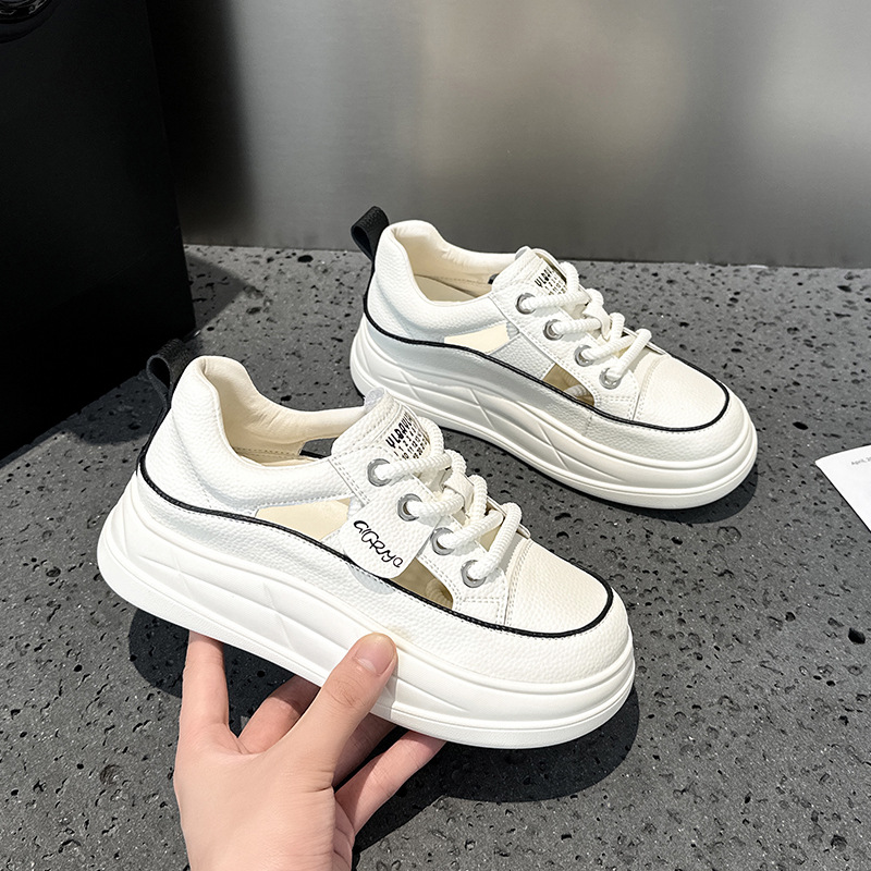 샌들 여성 2024 년 여름 새로운 내부 높이 할로우 여성 신발 올 매치 정품 가죽 흰색 신발 큰 머리 못생긴 귀여운 운동화