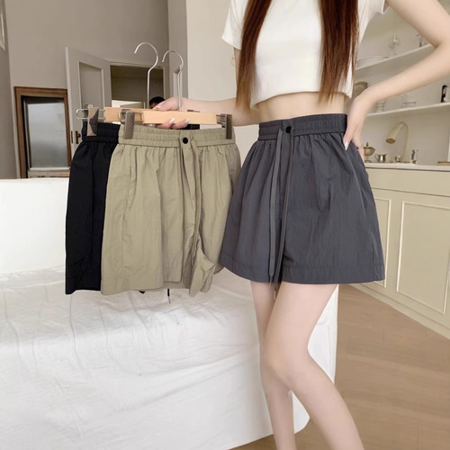 Summer drawstring elastic waist loose casual work shorts for women, slimming, petite, thin sports wide-leg pants for women