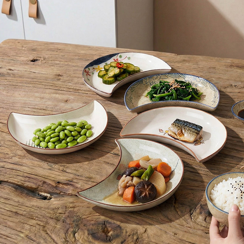 Japanese-Style Ceramic Moon-Shaped Platter for New Year's Eve Dinner Party Snacks, Serving Tray for Hotel Restaurant Dim Sum Sushi Presentation Set
