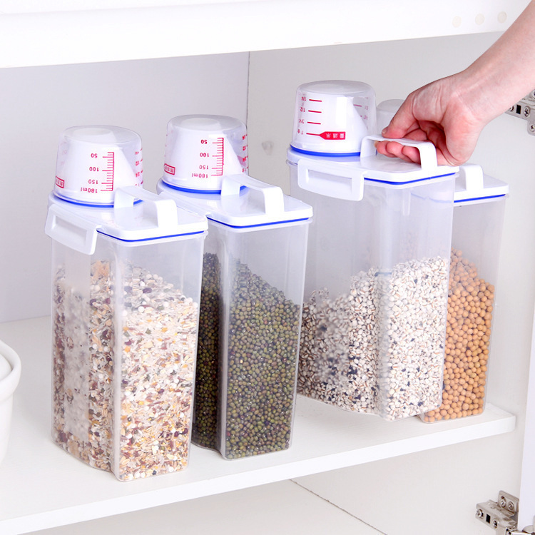 和風ポータブルプラスチック米バケツ家庭用計量カップ付き多機能米保存バケツ穀物保存麺バケツキッチン密封缶|undefined