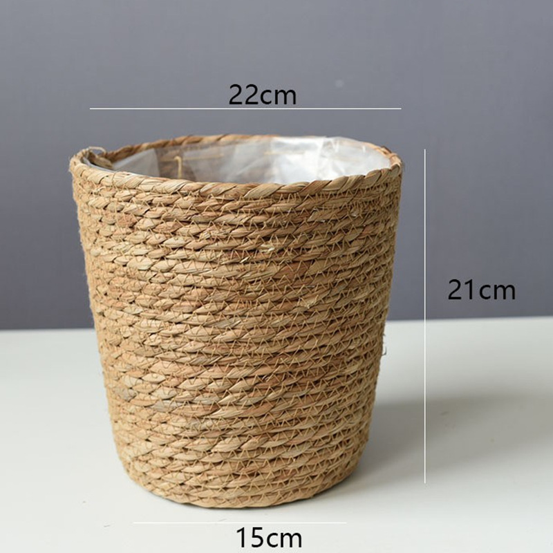Cesta de Flores Tejida de Paja con Película Impermeable para Plantas de Interior